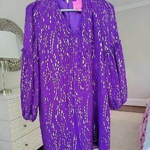 Purple and Gold Embellished Bishop Sleeve Cocktail Dress